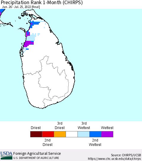 Sri Lanka Precipitation Rank since 1981, 1-Month (CHIRPS) Thematic Map For 6/26/2022 - 7/25/2022