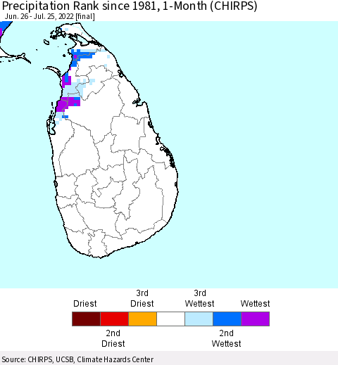 Sri Lanka Precipitation Rank since 1981, 1-Month (CHIRPS) Thematic Map For 6/26/2022 - 7/25/2022