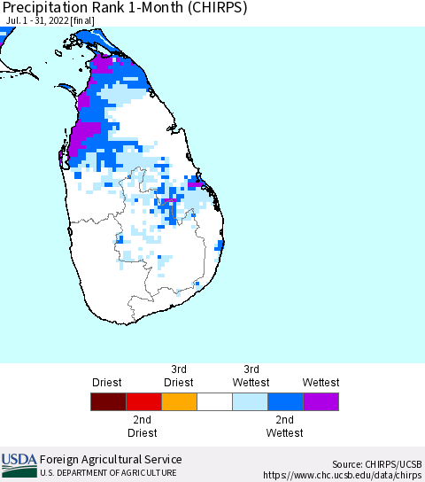 Sri Lanka Precipitation Rank since 1981, 1-Month (CHIRPS) Thematic Map For 7/1/2022 - 7/31/2022