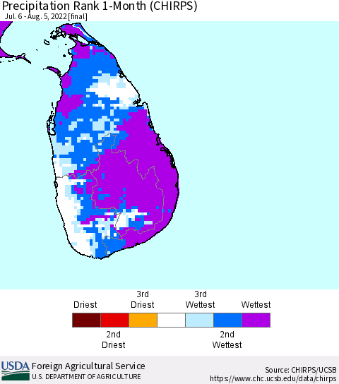 Sri Lanka Precipitation Rank since 1981, 1-Month (CHIRPS) Thematic Map For 7/6/2022 - 8/5/2022