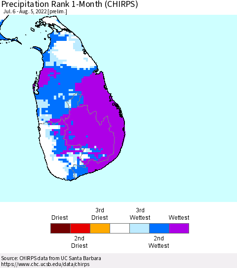 Sri Lanka Precipitation Rank 1-Month (CHIRPS) Thematic Map For 7/6/2022 - 8/5/2022