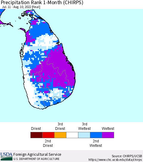Sri Lanka Precipitation Rank since 1981, 1-Month (CHIRPS) Thematic Map For 7/11/2022 - 8/10/2022