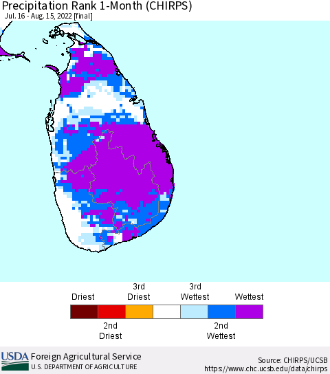 Sri Lanka Precipitation Rank since 1981, 1-Month (CHIRPS) Thematic Map For 7/16/2022 - 8/15/2022