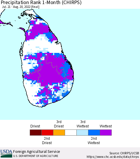 Sri Lanka Precipitation Rank since 1981, 1-Month (CHIRPS) Thematic Map For 7/21/2022 - 8/20/2022