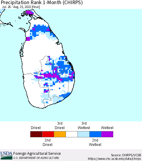 Sri Lanka Precipitation Rank since 1981, 1-Month (CHIRPS) Thematic Map For 7/26/2022 - 8/25/2022