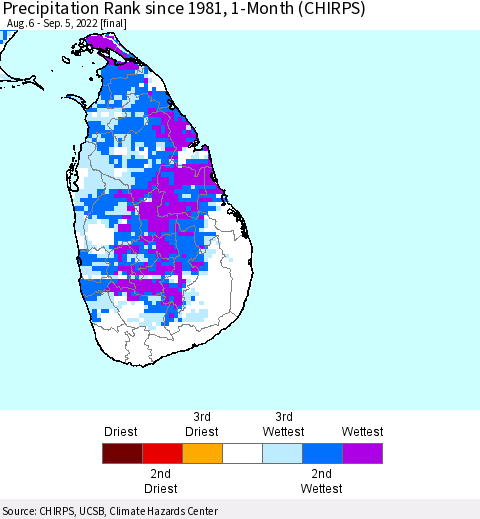 Sri Lanka Precipitation Rank since 1981, 1-Month (CHIRPS) Thematic Map For 8/6/2022 - 9/5/2022