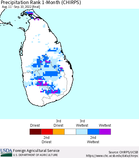 Sri Lanka Precipitation Rank since 1981, 1-Month (CHIRPS) Thematic Map For 8/11/2022 - 9/10/2022