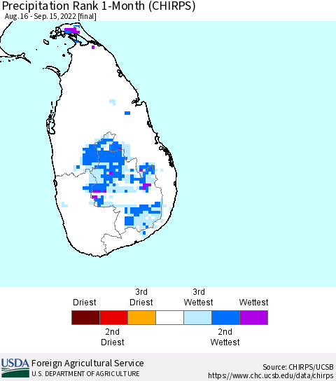 Sri Lanka Precipitation Rank since 1981, 1-Month (CHIRPS) Thematic Map For 8/16/2022 - 9/15/2022