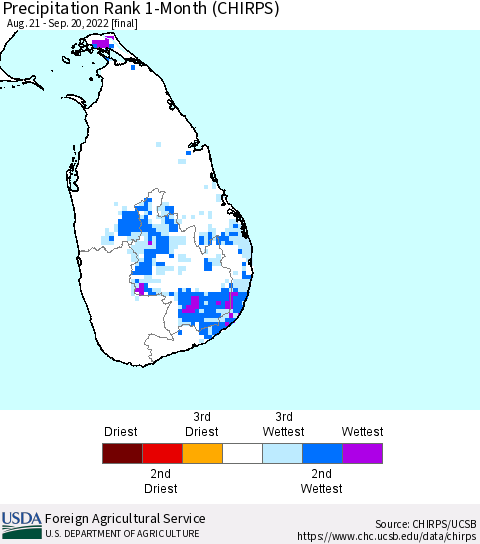 Sri Lanka Precipitation Rank since 1981, 1-Month (CHIRPS) Thematic Map For 8/21/2022 - 9/20/2022