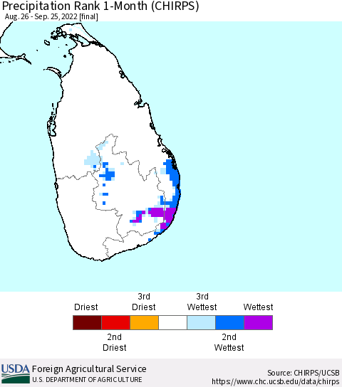 Sri Lanka Precipitation Rank since 1981, 1-Month (CHIRPS) Thematic Map For 8/26/2022 - 9/25/2022