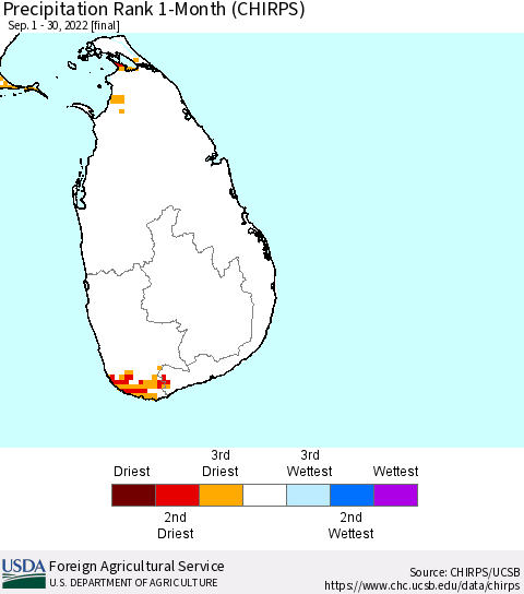Sri Lanka Precipitation Rank since 1981, 1-Month (CHIRPS) Thematic Map For 9/1/2022 - 9/30/2022