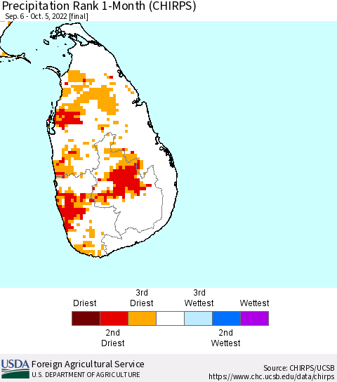Sri Lanka Precipitation Rank since 1981, 1-Month (CHIRPS) Thematic Map For 9/6/2022 - 10/5/2022