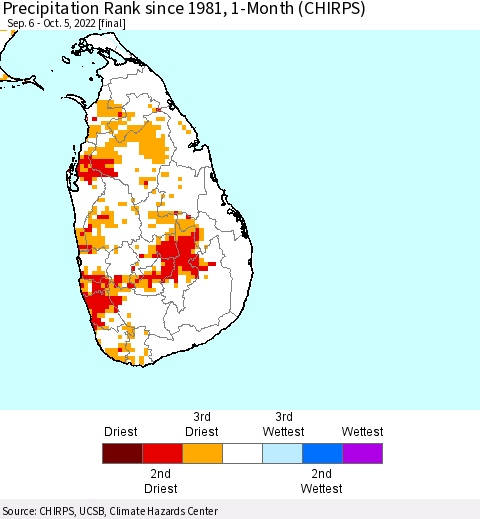 Sri Lanka Precipitation Rank since 1981, 1-Month (CHIRPS) Thematic Map For 9/6/2022 - 10/5/2022