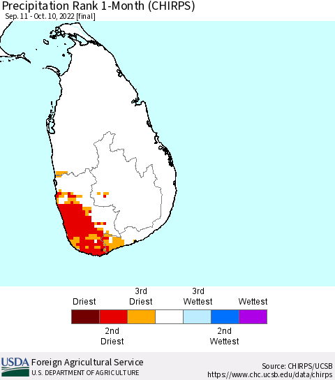 Sri Lanka Precipitation Rank since 1981, 1-Month (CHIRPS) Thematic Map For 9/11/2022 - 10/10/2022
