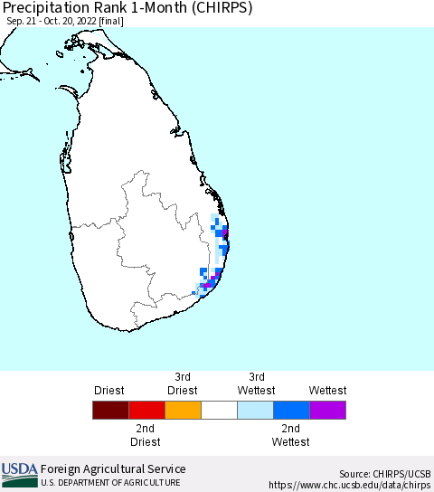 Sri Lanka Precipitation Rank since 1981, 1-Month (CHIRPS) Thematic Map For 9/21/2022 - 10/20/2022