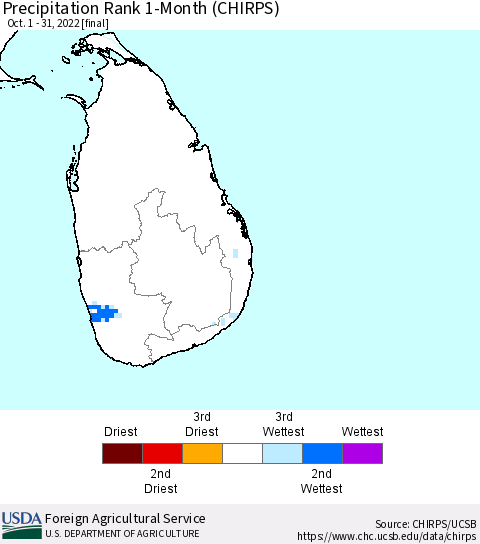 Sri Lanka Precipitation Rank 1-Month (CHIRPS) Thematic Map For 10/1/2022 - 10/31/2022