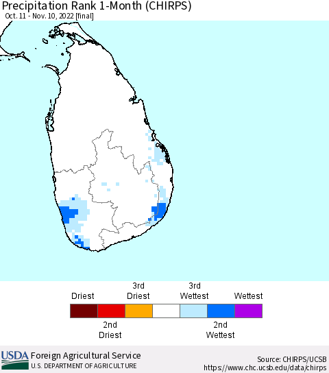 Sri Lanka Precipitation Rank 1-Month (CHIRPS) Thematic Map For 10/11/2022 - 11/10/2022