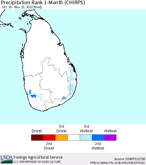Sri Lanka Precipitation Rank since 1981, 1-Month (CHIRPS) Thematic Map For 10/16/2022 - 11/15/2022