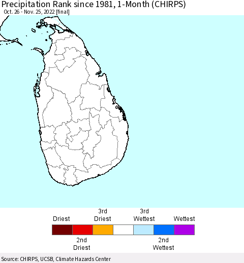 Sri Lanka Precipitation Rank since 1981, 1-Month (CHIRPS) Thematic Map For 10/26/2022 - 11/25/2022