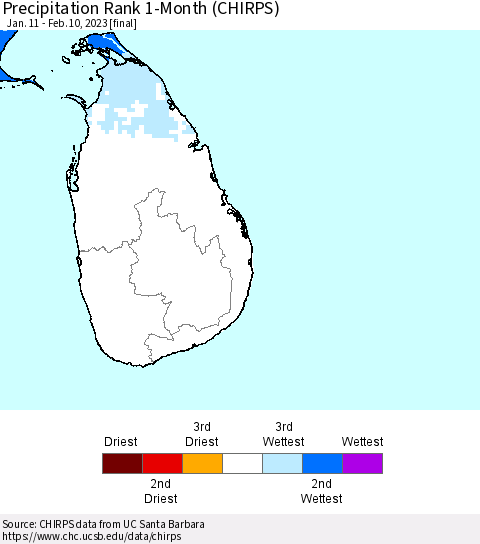 Sri Lanka Precipitation Rank 1-Month (CHIRPS) Thematic Map For 1/11/2023 - 2/10/2023