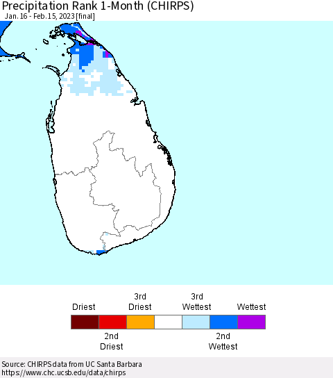Sri Lanka Precipitation Rank since 1981, 1-Month (CHIRPS) Thematic Map For 1/16/2023 - 2/15/2023