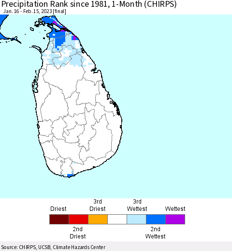 Sri Lanka Precipitation Rank since 1981, 1-Month (CHIRPS) Thematic Map For 1/16/2023 - 2/15/2023