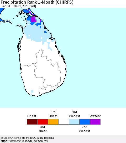 Sri Lanka Precipitation Rank 1-Month (CHIRPS) Thematic Map For 1/21/2023 - 2/20/2023
