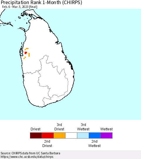 Sri Lanka Precipitation Rank since 1981, 1-Month (CHIRPS) Thematic Map For 2/6/2023 - 3/5/2023