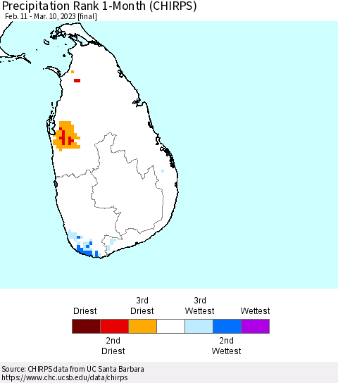 Sri Lanka Precipitation Rank since 1981, 1-Month (CHIRPS) Thematic Map For 2/11/2023 - 3/10/2023