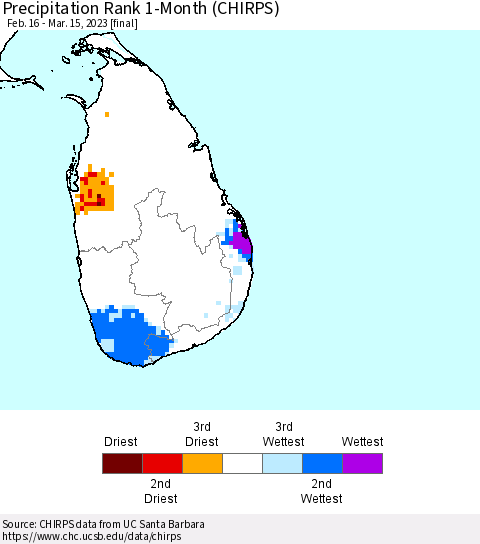 Sri Lanka Precipitation Rank since 1981, 1-Month (CHIRPS) Thematic Map For 2/16/2023 - 3/15/2023