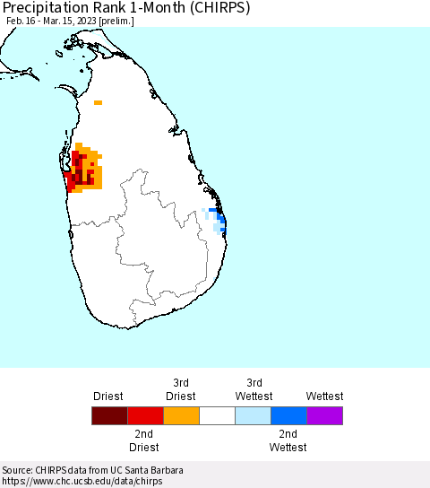 Sri Lanka Precipitation Rank 1-Month (CHIRPS) Thematic Map For 2/16/2023 - 3/15/2023