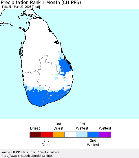 Sri Lanka Precipitation Rank since 1981, 1-Month (CHIRPS) Thematic Map For 2/21/2023 - 3/20/2023