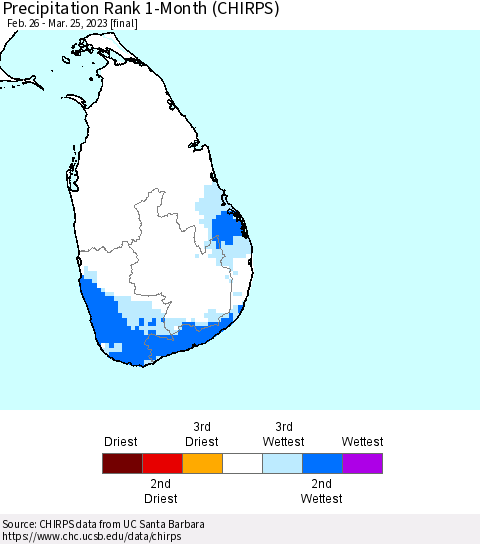 Sri Lanka Precipitation Rank since 1981, 1-Month (CHIRPS) Thematic Map For 2/26/2023 - 3/25/2023
