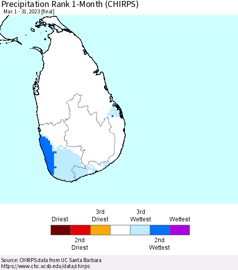Sri Lanka Precipitation Rank since 1981, 1-Month (CHIRPS) Thematic Map For 3/1/2023 - 3/31/2023