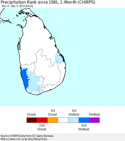 Sri Lanka Precipitation Rank since 1981, 1-Month (CHIRPS) Thematic Map For 3/6/2023 - 4/5/2023