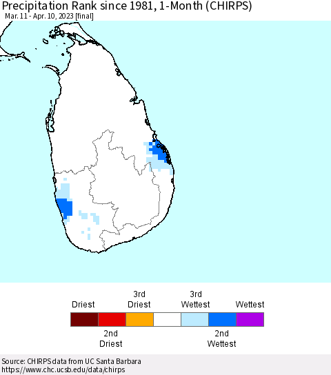 Sri Lanka Precipitation Rank since 1981, 1-Month (CHIRPS) Thematic Map For 3/11/2023 - 4/10/2023