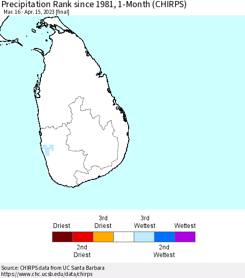 Sri Lanka Precipitation Rank since 1981, 1-Month (CHIRPS) Thematic Map For 3/16/2023 - 4/15/2023