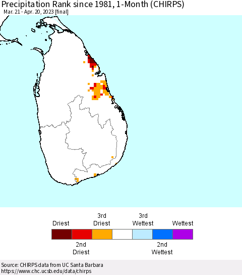 Sri Lanka Precipitation Rank since 1981, 1-Month (CHIRPS) Thematic Map For 3/21/2023 - 4/20/2023
