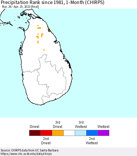 Sri Lanka Precipitation Rank since 1981, 1-Month (CHIRPS) Thematic Map For 3/26/2023 - 4/25/2023