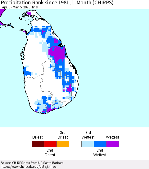 Sri Lanka Precipitation Rank since 1981, 1-Month (CHIRPS) Thematic Map For 4/6/2023 - 5/5/2023