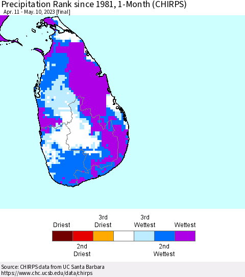 Sri Lanka Precipitation Rank since 1981, 1-Month (CHIRPS) Thematic Map For 4/11/2023 - 5/10/2023