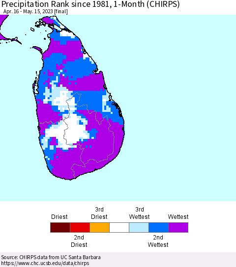 Sri Lanka Precipitation Rank since 1981, 1-Month (CHIRPS) Thematic Map For 4/16/2023 - 5/15/2023