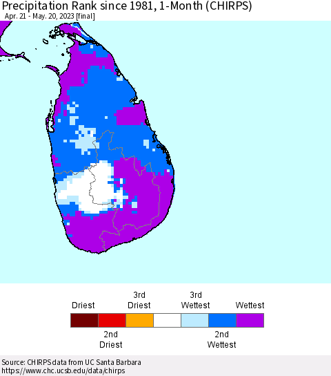 Sri Lanka Precipitation Rank since 1981, 1-Month (CHIRPS) Thematic Map For 4/21/2023 - 5/20/2023