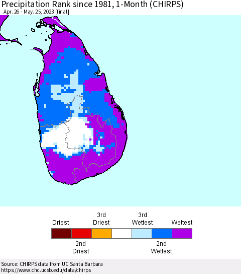 Sri Lanka Precipitation Rank since 1981, 1-Month (CHIRPS) Thematic Map For 4/26/2023 - 5/25/2023