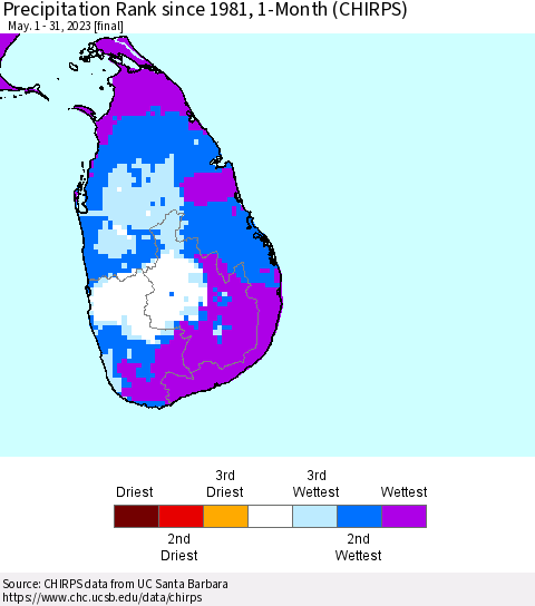 Sri Lanka Precipitation Rank since 1981, 1-Month (CHIRPS) Thematic Map For 5/1/2023 - 5/31/2023