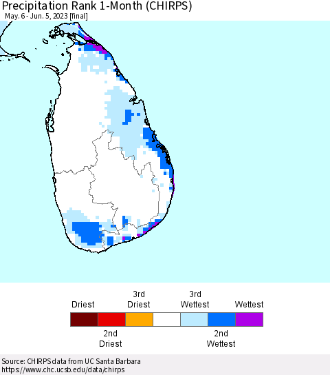 Sri Lanka Precipitation Rank since 1981, 1-Month (CHIRPS) Thematic Map For 5/6/2023 - 6/5/2023