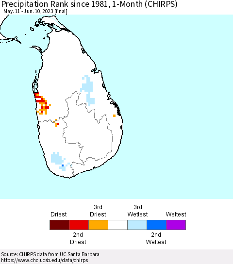 Sri Lanka Precipitation Rank since 1981, 1-Month (CHIRPS) Thematic Map For 5/11/2023 - 6/10/2023