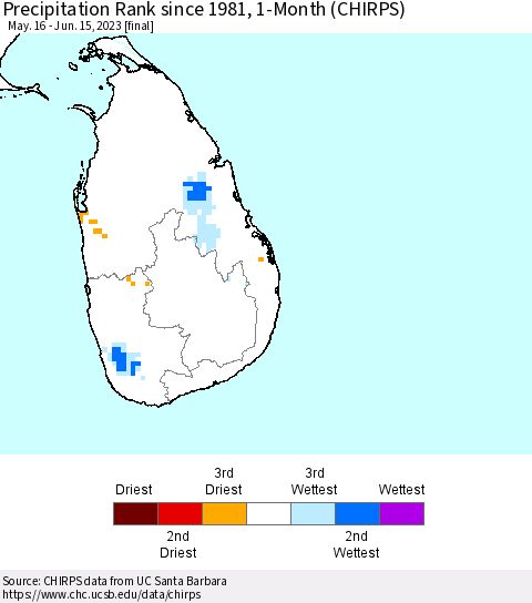 Sri Lanka Precipitation Rank since 1981, 1-Month (CHIRPS) Thematic Map For 5/16/2023 - 6/15/2023