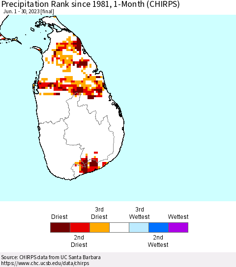 Sri Lanka Precipitation Rank since 1981, 1-Month (CHIRPS) Thematic Map For 6/1/2023 - 6/30/2023