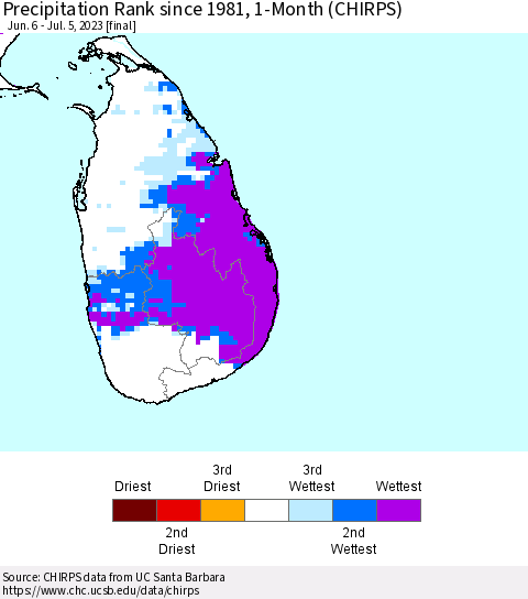 Sri Lanka Precipitation Rank since 1981, 1-Month (CHIRPS) Thematic Map For 6/6/2023 - 7/5/2023